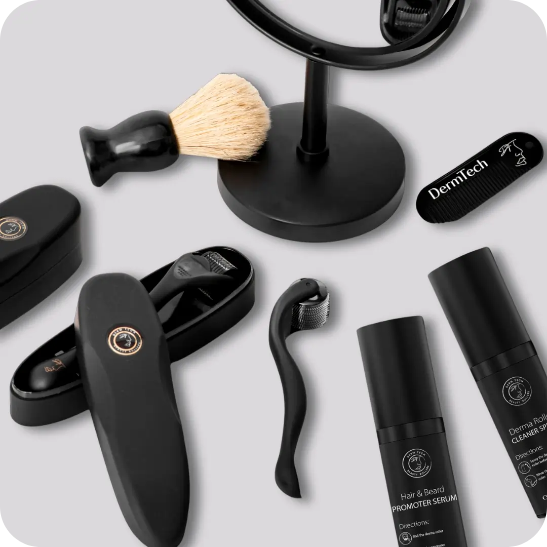 Top facial hair growth products. Dermtech products for facial hair growth. Dermaroller for face.