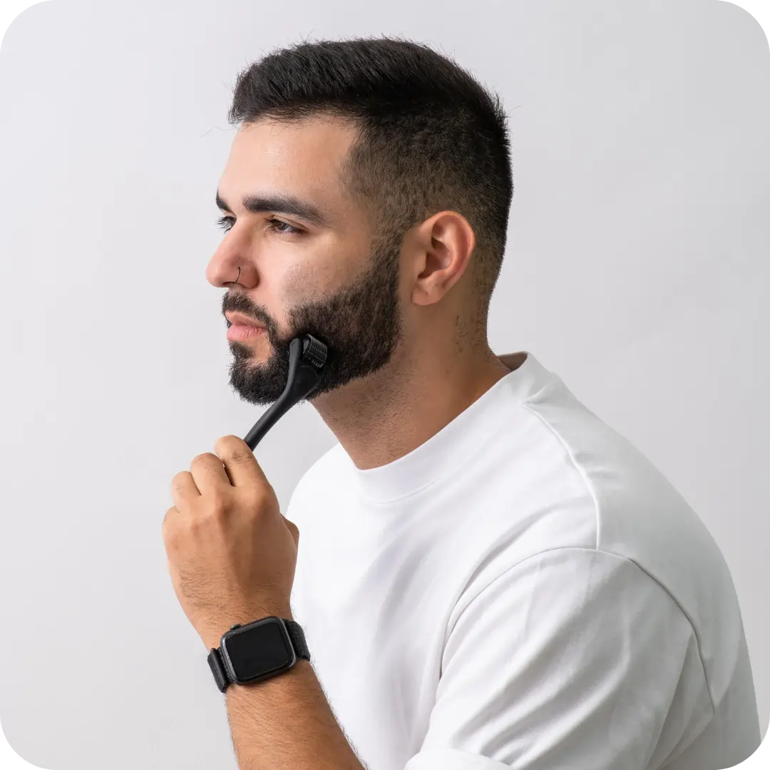 How to grow fuller facial hair. Face hair growth products for men. Derm roller application for men.