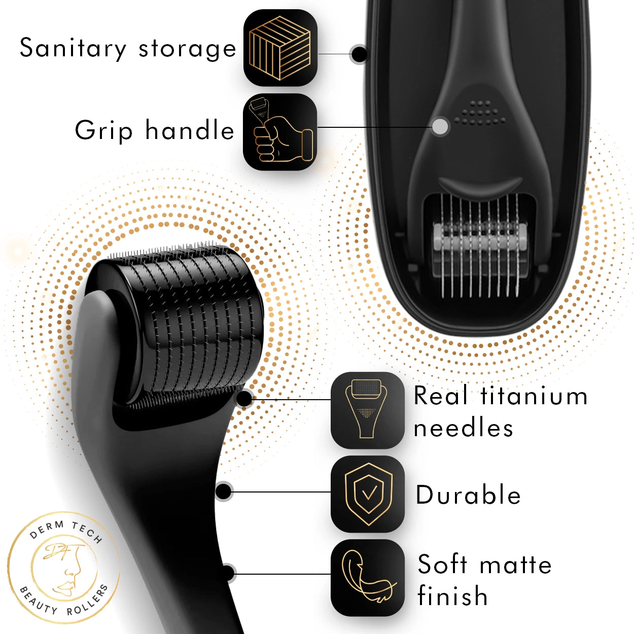 Detailed image showcasing the product features of the DermTech Derma Roller, including needle material, ergonomic design, and premium packaging. Explore the advanced features of DermTechRoller for effective microneedling and skincare.