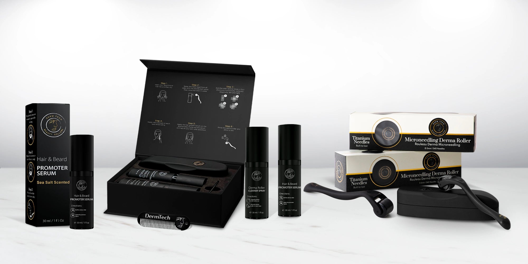 Collection of hair care products including bottles, a box, and tools on a white background