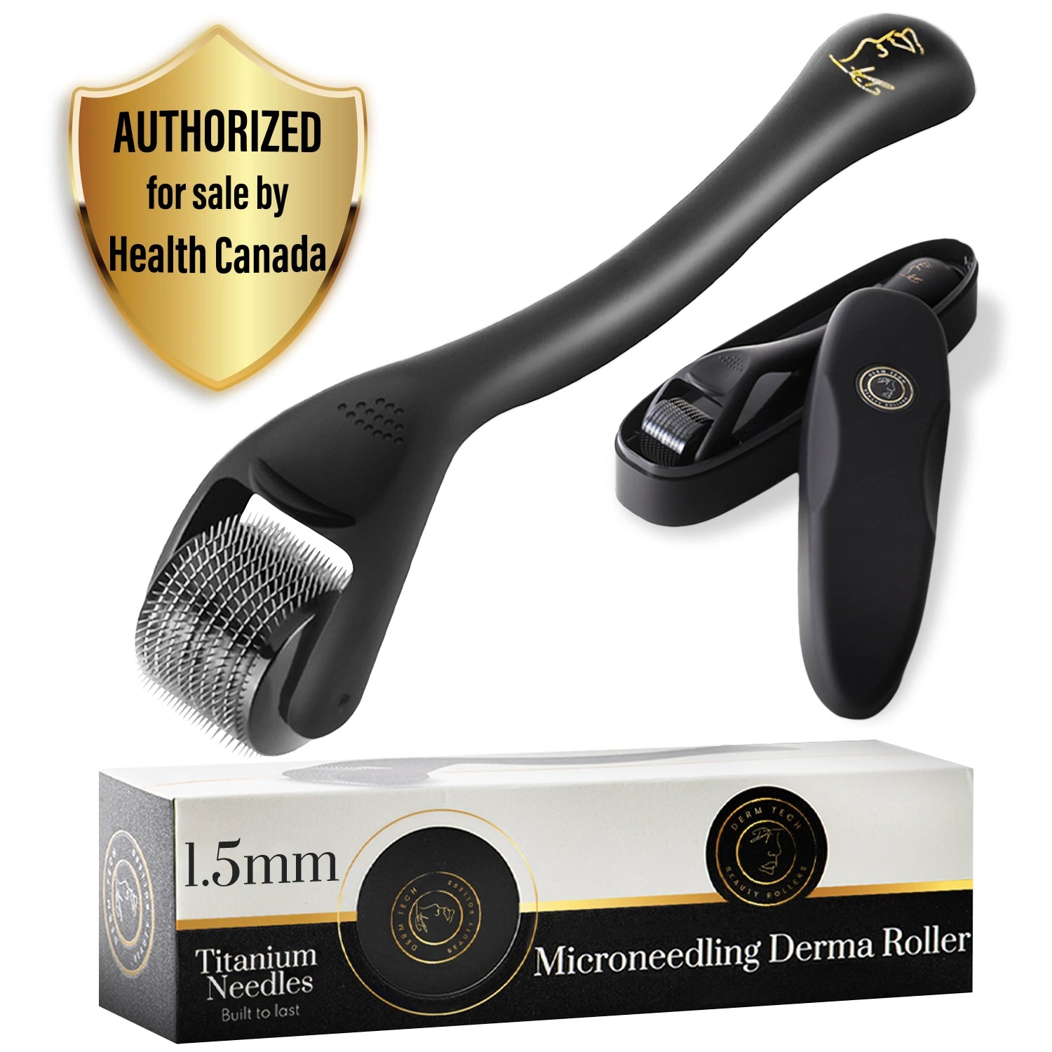 Microneedling derma roller with black handle and textured head, accompanied by its packaging and Health Canada authorization badge.