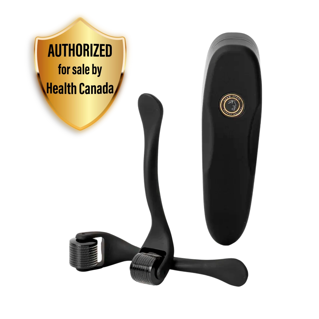 Derma roller kit with gold badge, black handle and two roller heads