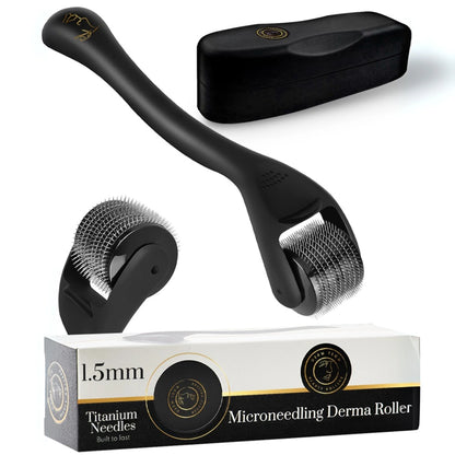 Closeup of a 1.5mm DermTech Roller highlighting the premium case, product box, and detailed view of the microneedles. Explore the high-quality design and effectiveness of DermTechRoller for advanced skincare and microneedling.