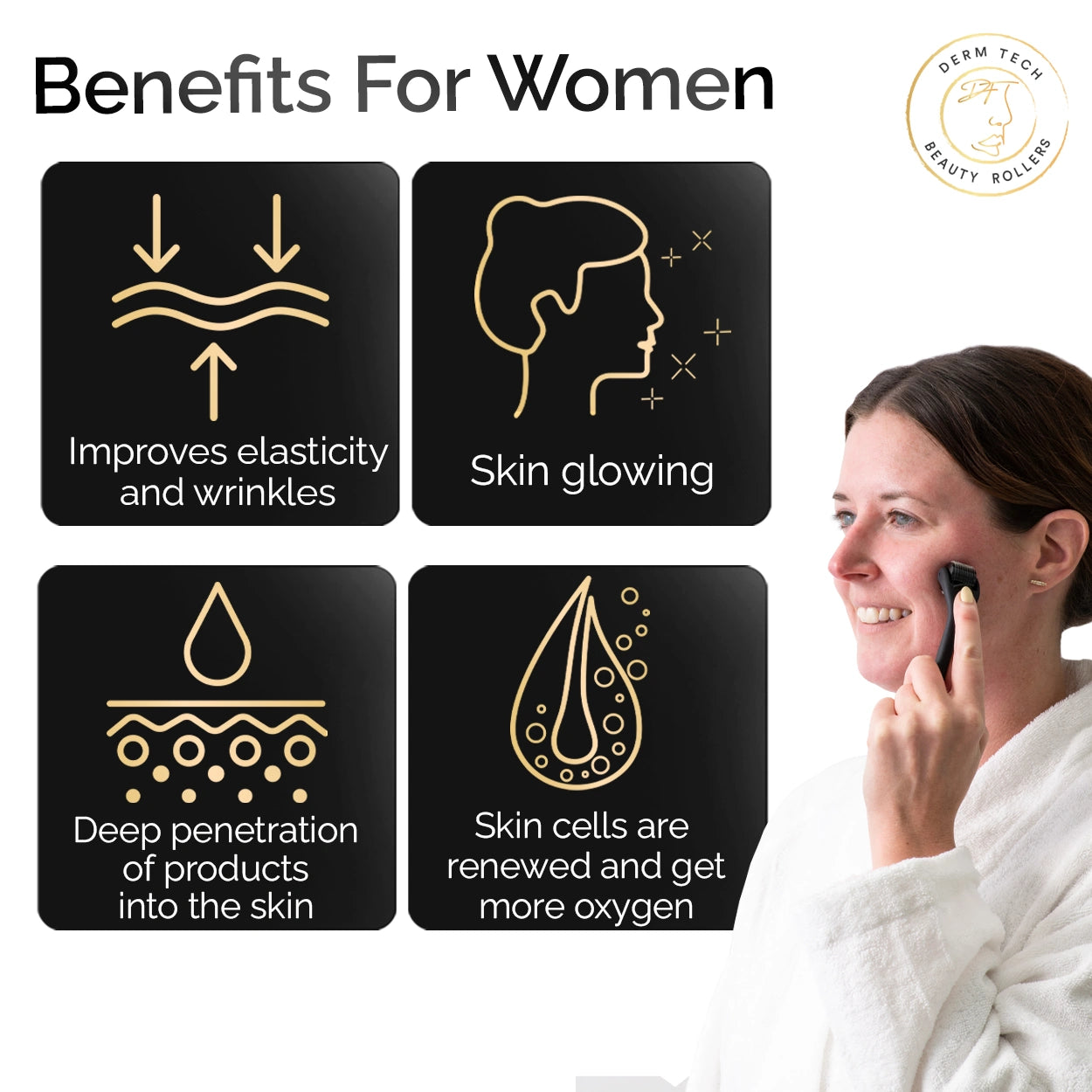 Image illustrating the benefits of using a derma roller for wrinkle reduction in women, including smoother skin and improved collagen production. Discover how DermTechRoller enhances skincare with microneedling for a youthful appearance.
