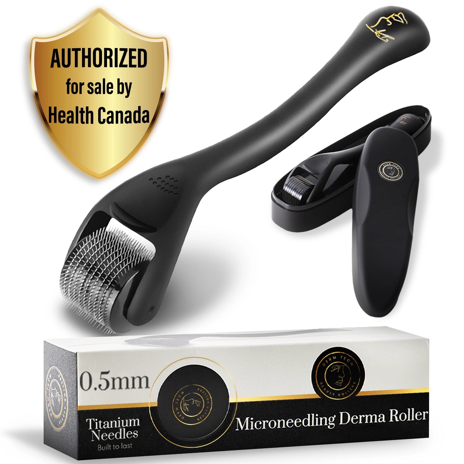 Closeup of a 0.5mm DermTech microneedling tool showcasing the premium case, product box, and detailed view of the microneedling roller. Discover the high-quality design and effectiveness of the best product for facial hair growth.