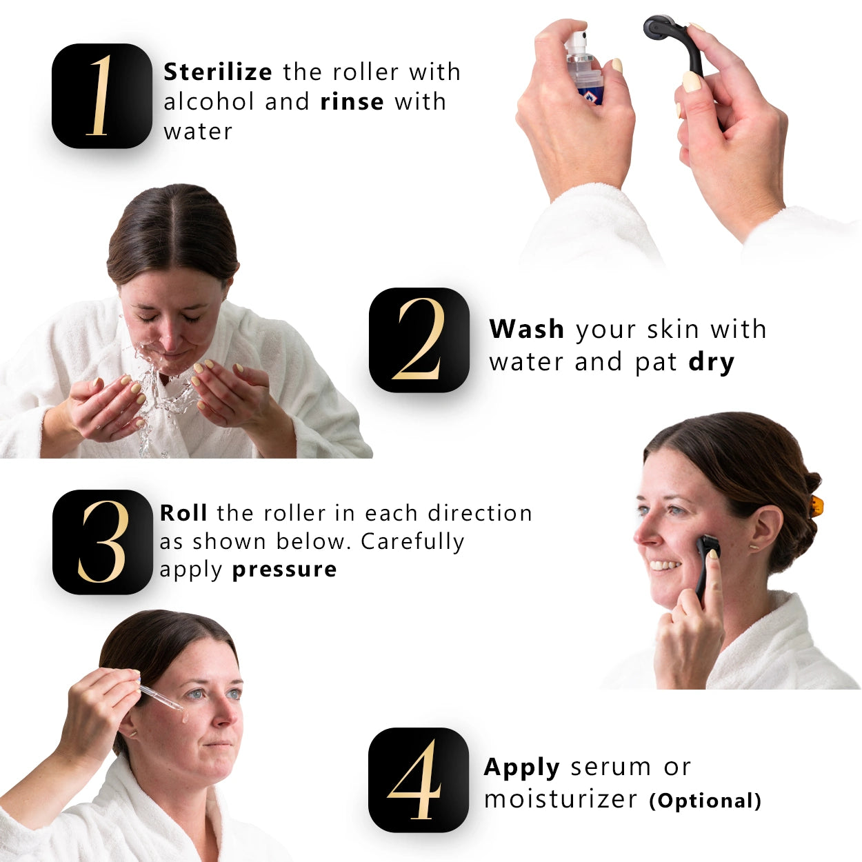 Step-by-step guide image on how to use a derma roller for women, showcasing proper techniques for wrinkle reduction, collagen production, and skin rejuvenation. Learn effective microneedling routines with DermTechRoller.